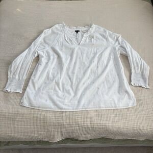 Talbots White Smocked Raglan Top Dot Jacquard Long Sleeve Blouse Women's Size 3X